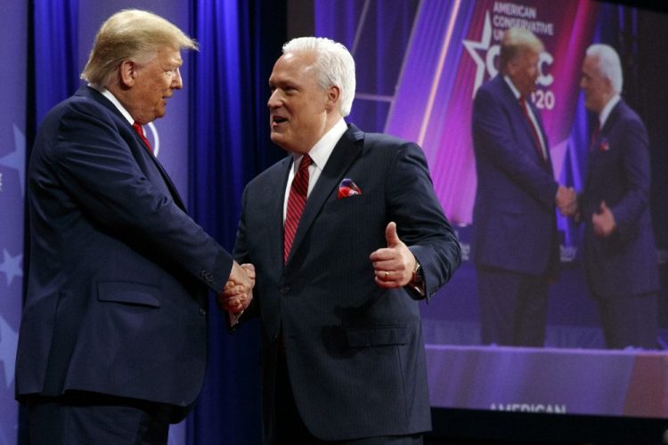 President Trump is greeted by Matt Schlapp, chairman of the American Conservative Union, on Feb. 29 as the president arrives to speak at the Conservative Political Action Conference in Oxon Hill, Md. Republican political operatives are recruiting “pro-Trump” doctors to go on television to call for reviving the economy as quickly as possible. The plan was discussed in a May 11 conference call with a senior staffer for the Trump re-election campaign. “The president’s going to get tagged by the fake news media as being irresponsible and not listening to doctors,” Schlapp said on the call. “And so we have to gird his loins with a lot of other people.”