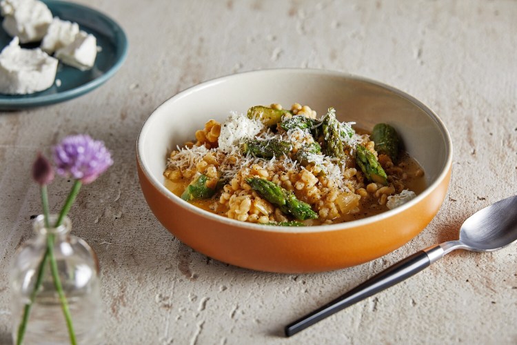 Barley Risotto with Asparagus, Cider and Goat Cheese