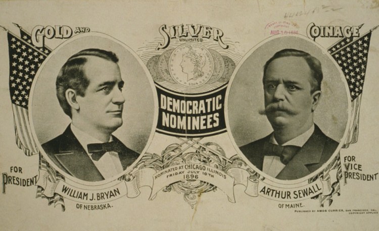 Democratic nominees for president William Jennings Bryan of Nebraska and Arthur Sewall of Maine for vice president. They were nominated in Chicago in July 1896.

