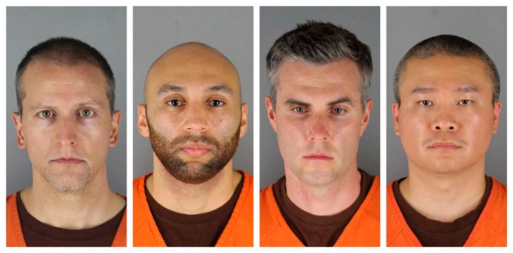 From left, Derek Chauvin, J. Alexander Kueng, Thomas Lane and Tou Thao. Chauvin is charged with second-degree murder of George Floyd, a black man who died after being restrained by him and the other Minneapolis police officers on May 25. Kueng, Lane and Thao have been charged with aiding and abetting Chauvin.