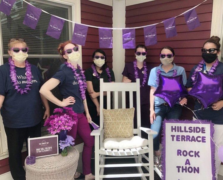 Hillside Terrace staff in Hallowell took part in a rocking chair rock-athon June 19 to bring awareness to Alzheimer's disease. From left are Mary Pike, Sara Jordan, Whitney Hem, Taylor Rioux, Cassandra Clark and Flor Merritt.