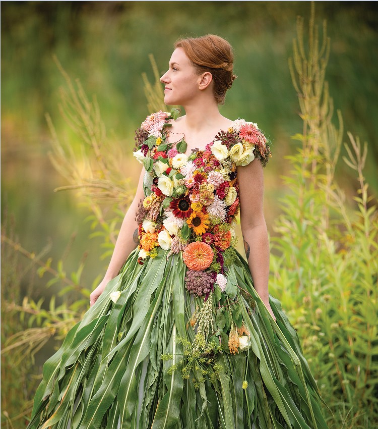 This dress, designed by Rayne Grace Hoke of Flora's Muse in Biddeford, was featured in last year's American Flowers Week. Hoke says she was inspired by the incredible variety of annuals, herbs, grasses and foliage.