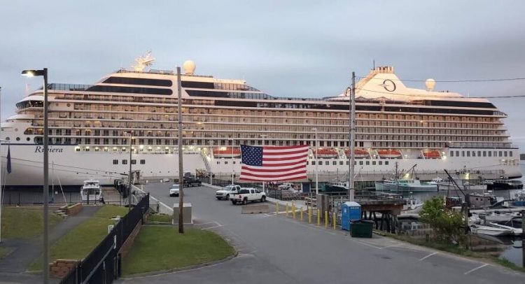 The cruise ship Oceania Riviera is tied up in Eastport in June. It carries a crew of 131 but no passengers. It is expected to depart this weekend for Europe.