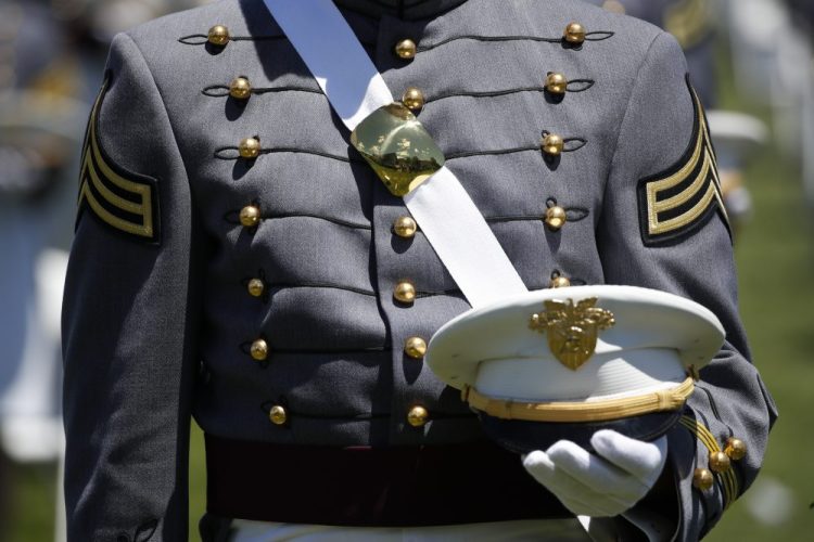A Cadet listens during a commencement ceremony for the Class of 2020 on the parade field, at the United States Military Academy in West Point, N.Y., Saturday, June 13. 