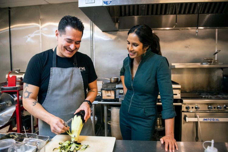 In the debut episode of "Taste the Nation," Lakshmi cooks with Emiliano Marentes, the first-generation Mexican American owner of Elemi restaurant in El Paso. 