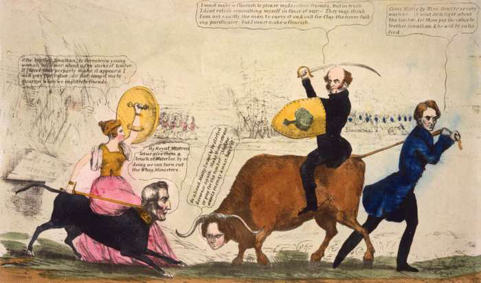 Satirical political cartoon published in New York about the  Maine-New Brunswick border conflict in 1839 known as the Aroostook War. Martin Van Buren sits on an ox and confronts a dog with the head of the Duke of Wellington that is being ridden by Queen Victoria.



