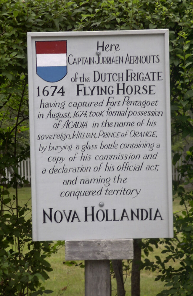 Roadside sign in Castine commemorating Dutch conquest in 1674.



