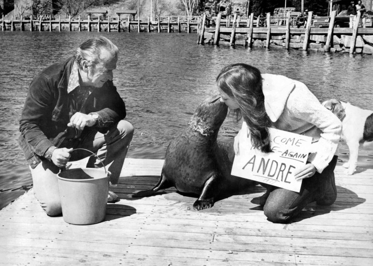 Trainer Harry Goodridge and an unidentified woman welcome Andre back to Rockport Harbor in 1977.


