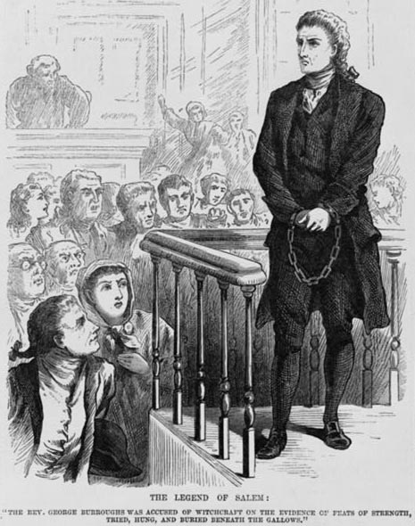 An 1891 illustration of the trial of the Rev. George Burroughs.