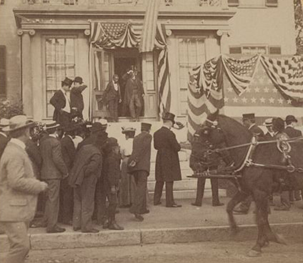 Theordore Roosevelt emerges from the house of James Blaine in Augusta during his 1902 visit to Maine.

