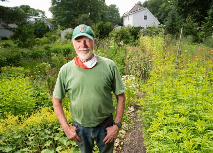 Maine Gardener Tom Atwell poses for a photo in his lush, lovely garden in Cape Elizabeth.