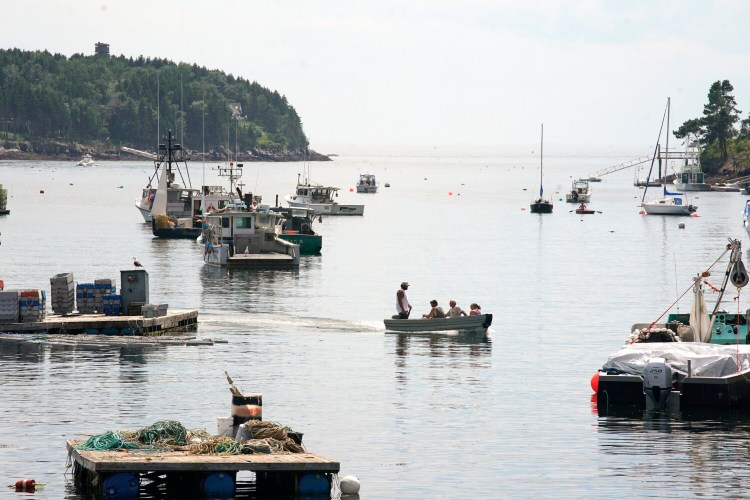 People cross Mackerel Cove on Bailey Island in a skiff on Tuesday. Farther out in the cove, around the point of land at the top left in this photo, a woman was attacked and killed by a great white shark on Monday. 
