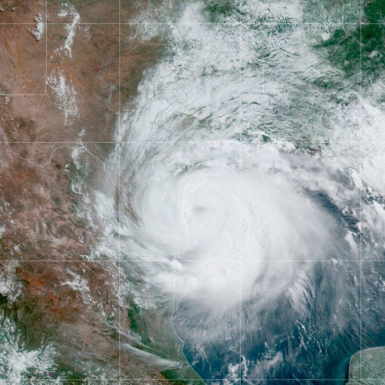 This satellite image made available by the National Oceanic and Atmospheric Administration shows Hurricane Hanna approaching Texas on Saturday.