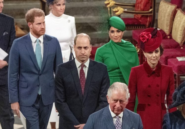 From left, Britain's Prince Harry, Prince William, Meghan Duchess of Sussex and Kate, Duchess of Cambridge leave the annual Commonwealth Service at Westminster Abbey in London on March 9, 2020.