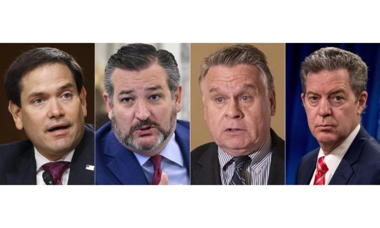 From left to right; Sen. Marco Rubio, R-Fla.;  Sen. Ted Cruz, R-Texas; Rep. Chris Smith, R-N.J. and Sam Brownback, Ambassador at Large for International Religious Freedom. China on Monday said it will ban entry to the four politicians over their criticism of the ruling Communist Party's policies toward minority groups and people of faith. 