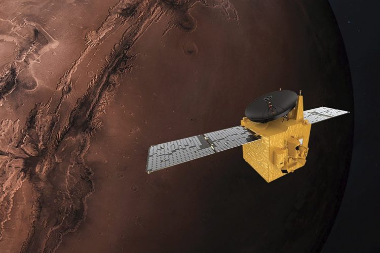 A rendering of the UAE's Hope probe. The orbiter is scheduled to rocket away from Japan on Wednesday and, if successful, will arrive on Mars sometime in February.