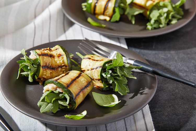 Grilled Zucchini Roll-Ups with White Beans and Arugula