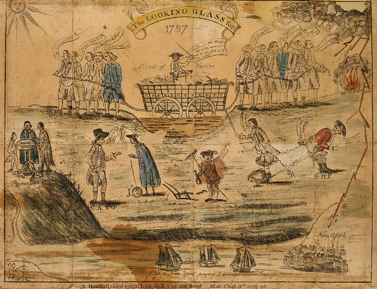 A satiric drawing on the conflicting issues before the ratification of the U.S. Constitution in Connecticut. One of the 'antifederals' on the right cries "Success to Shays" showing that they sympathized with agrarian radicals led by Daniel Shay in Massachusetts.

