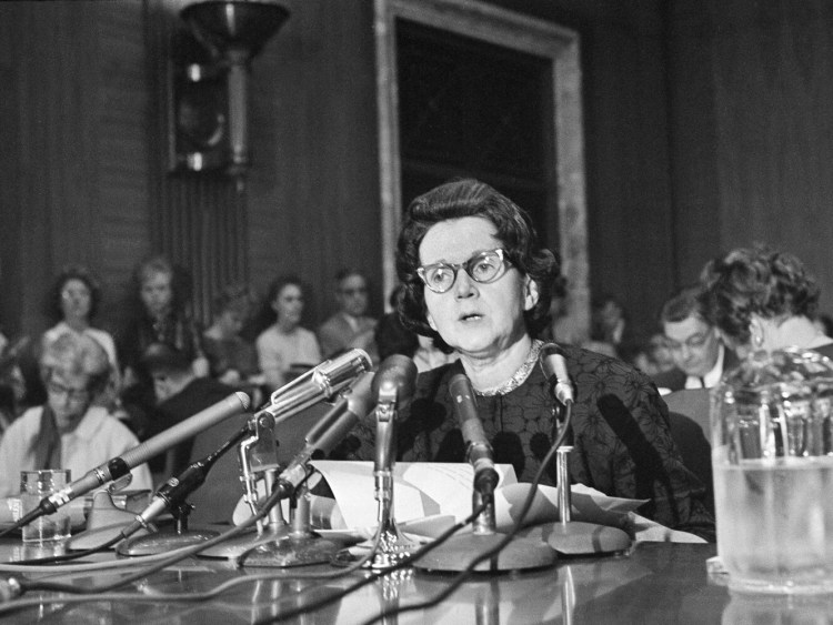 Activist and author Rachel Carson, whose book "Silent Spring" led to a study of pesticides, testifies before a Senate subcommittee in June 1963. 