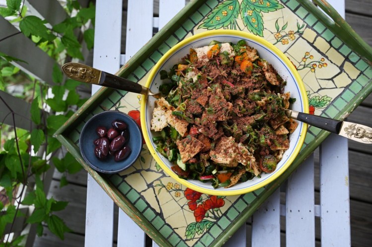 Fattoush, a classic Middle Eastern salad, is sprinkled with sumac just before it's served. Goronson Farms is selling local sumac.  