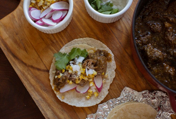 BRUNSWICK, ME - AUGUST 26: Tacos made with chile verde braised pork on Wednesday, August 26, 2020. (Staff photo by Brianna Soukup/Staff Photographer)