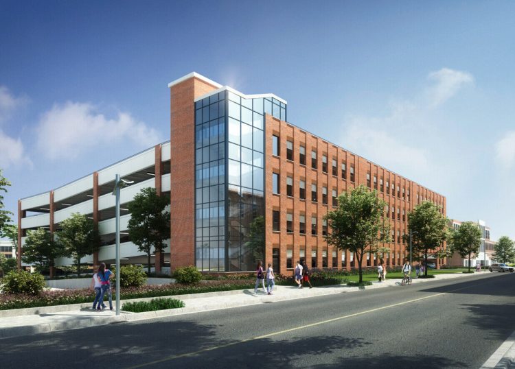A rendering of the future parking garage in downtown Biddeford, being built as part of the urban RiverWalk project that the city hopes will help reinvigorate its Mill District. Developers broke ground on the project Tuesday.