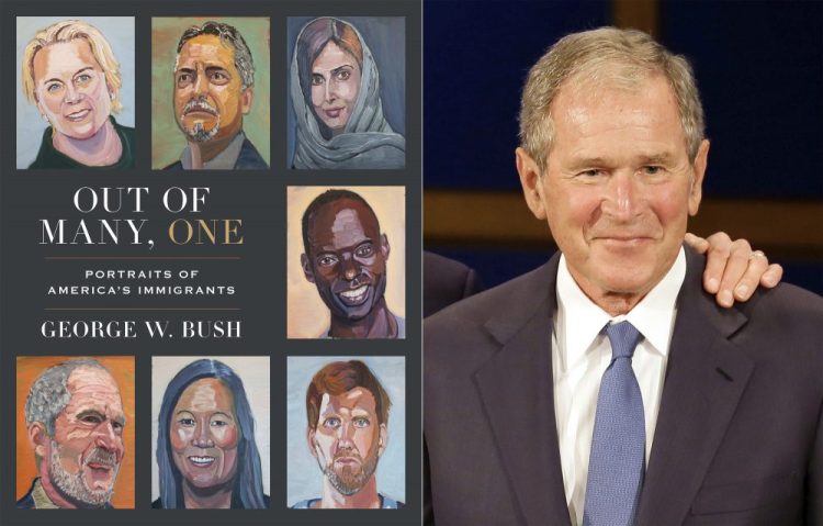 The cover image for "Out of Many, One: Portraits of America's Immigrants" by George W. Bush, left, and a photo of former President George W. Bush. Crown announced Thursday that the book will be published March 2.