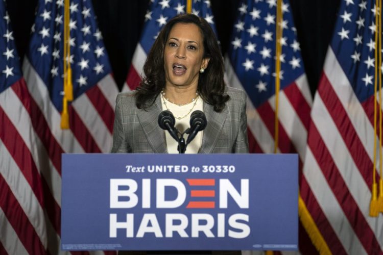 Sen. Kamala Harris, D-Calif., speaks during a news conference Thursday with Democratic presidential candidate Joe Biden at the Hotel DuPont in Wilmington, Del.