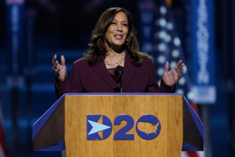 Democratic vice presidential candidate Sen. Kamala Harris, D-Calif., speaks Wednesday, during the third day of the Democratic National Convention at the Chase Center in Wilmington, Del.