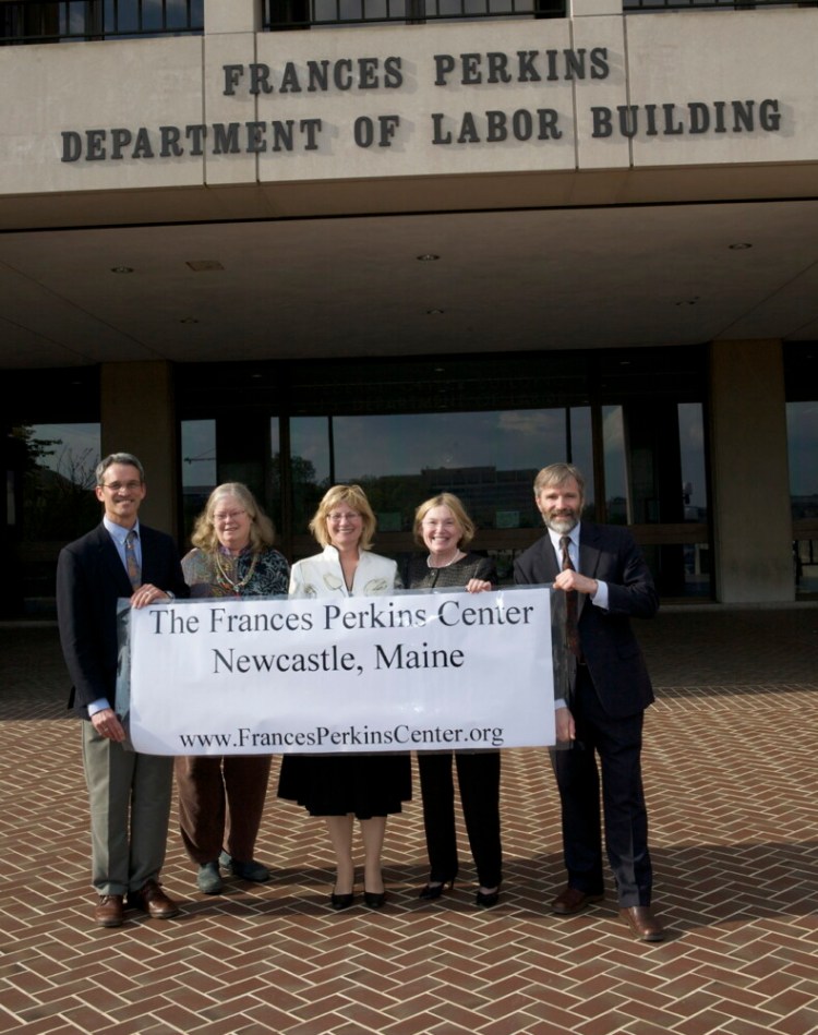 Opening dedication of Frances Perkins Center incorporation on Aug. 16, 2009, at the US Dept. of Labor headquarters, the Frances Perkins building, Washington D.C. From left are FPC Board members Christopher Rice; the late Gretel Porter; journalist Kirstin Downey; Elizabeth Allen, and Tomlin Perkins Coggeshall.