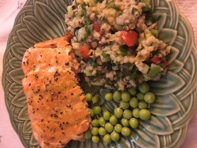 Salmon, Peas and Tabbouleh. "What you don’t see in the picture was that I drenched that salmon with leftover Hollandaise sauce that needed to be used up," Sara Cromwell wrote. "I think it may be a crime to have leftover hollandaise, I’m not sure, so it had to go."