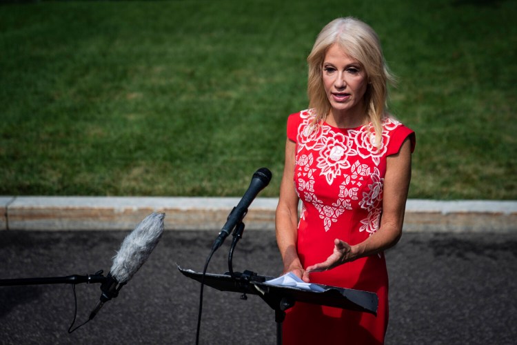 White House adviser Kellyanne Conway speaks to reporters outside the West Wing on Aug. 12. "This is completely my choice and my voice. In time, I will announce future plans. For now, and for my beloved children, it will less drama, more mama" she said of her decision, announced Sunday. 