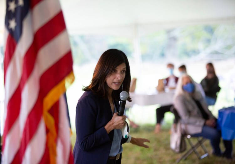 Democratic U.S. Senate candidate Sara Gideon speaks at a campaign event at Crystal Spring Farm on Thursday, Sept. 17. 