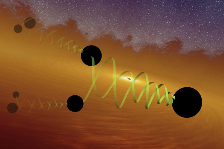 This illustration provided by LIGO/Caltech depicts two black holes of about 66 and 85 solar masses spiraling into each other to form the GW190521 black hole. Gravitational waves from the merger were detected by the LIGO and Virgo observatories in May 2019. 