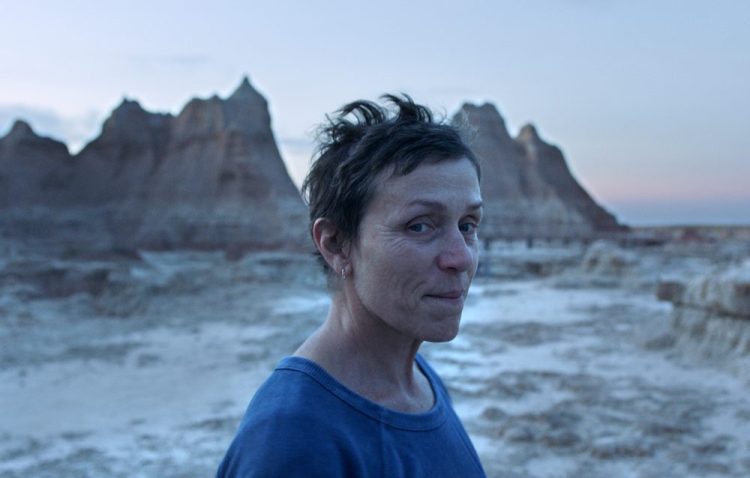 Frances McDormand in a scene from the film "Nomadland" by Chloe Zhao. 


