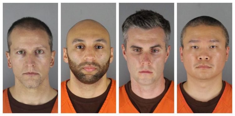 Derek Chauvin, from left, J. Alexander Kueng, Thomas Lane and Tou Thao. Chauvin is charged with second-degree murder of George Floyd, a Black man who died after being restrained by him and the other Minneapolis police officers on May 25. Kueng, Lane and Thao have been charged with aiding and abetting Chauvin. 