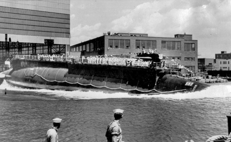 The U.S. Navy nuclear-powered attack submarine USS Thresher is launched bow-first at the Portsmouth Naval Shipyard in Kittery on July 9, 1960. Documents pertaining to the sinking of the Thresher 57 years ago were made public on Wednesday.