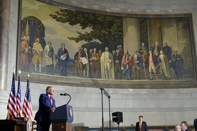 President Trump speaks to the White House conference on American History at the National Archives museum, Thursday in Washington.