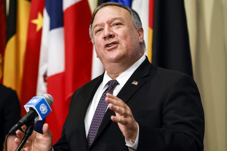Secretary of State Mike Pompeo speaks to reporters Aug. 20 at the United Nations. Mike Segar/Pool via AP, File