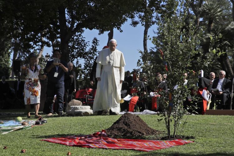 Pope Francis attends a tree-planting ceremony on the occasion of the feast of St. Francis of Assisi, the patron saint of ecology, at the Vatican on Oct. 4, 2019. 