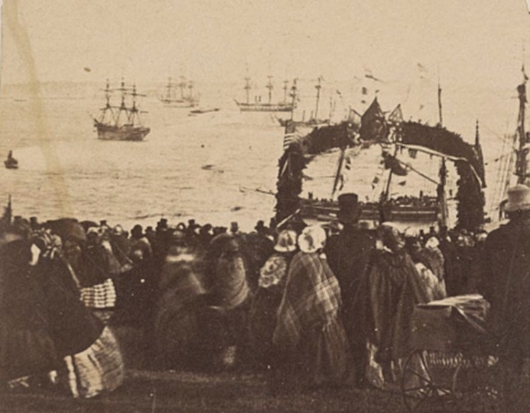 Spectators crowd the edge of the harbor to watch the Prince of Wales' ship, the Hero, depart from Portland, Maine, October 20, 1860.
Contributor Names
Stacy, George, photographer
Stacy, George, publisher

MeBi