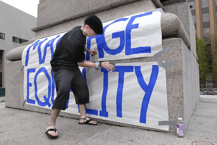Max Pomerleau and about a hundred others gathered in Monument Square in May of 2008 to celebrate the passage of Maine's same-sex marriage bill.