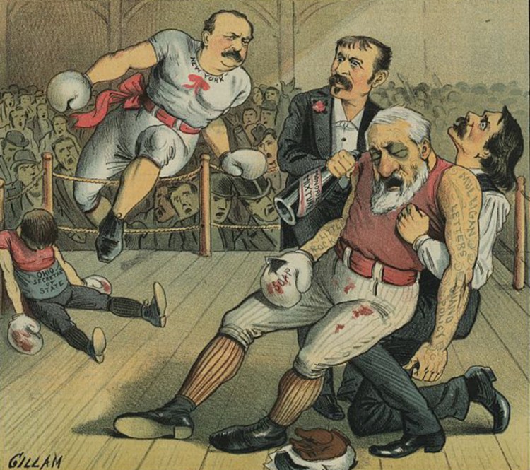 An illustration from Puck magazine of October 1884 shows James G. Blaine badly bruised after a boxing round as Grover Cleveland hops into the ring, ready to go the next round with Blaine.
