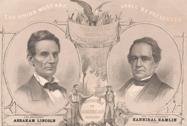 Print of a campaign banner for the Republican ticket of 1860 showing Abraham Lincoln and his running mate, Hannibal Hamlin. 