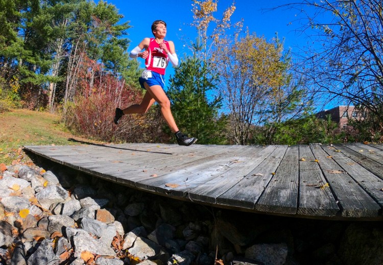AUGUSTA, ME - OCTOBER 31: Messalonskee's Dylan Flewelling, who finished 12th, during Kennebec Valley Athletic Conference cross country meet Saturday October 31, 2020 at Cony High School in Augusta. (Staff photo by Joe Phelan/Staff Photographer)