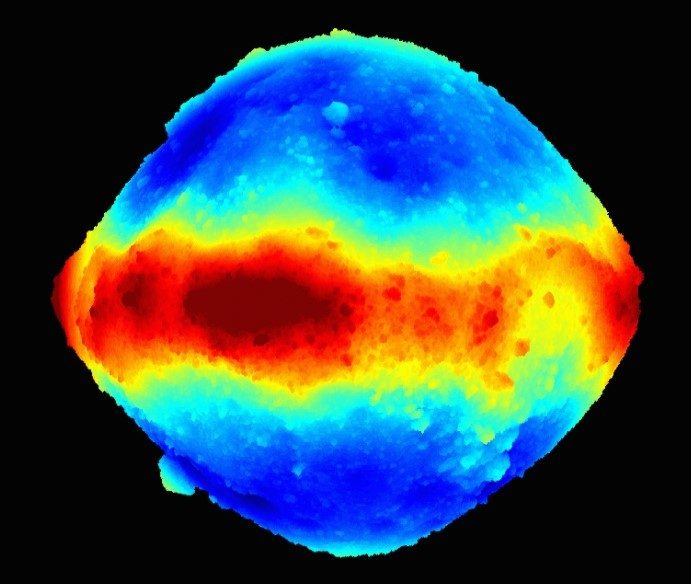 Three-dimensional view of asteroid Bennu created from 20 million lidar measurements.  The lidar system obtained these measurements by firing laser pulses at Bennu and measuring the amount of time it takes for the light to bounce off the asteroid’s surface and return to the instrument.  The time delay is translated into altitude data.  The colors represent the distance from the center of Bennu: dark blue areas lie approximately 60 meters below the peaks indicated in red. Image credits:  NASA/Goddard/University of Arizona