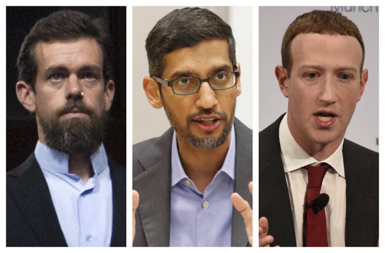 From left, Twitter CEO Jack Dorsey, Google CEO Sundar Pichai, and Facebook CEO Mark Zuckerberg have agreed to appear remotely before the Senate Commerce Committee after being threatened with subpoenas.
