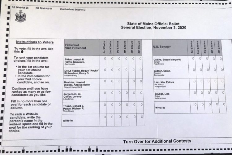 This absentee ballot for the 2020 Maine general election shows how Maine voters are allowed to rank presidential and senate candidates in order of ranked choice preference. It is the first time a ranked voting system is being used for a presidential race.