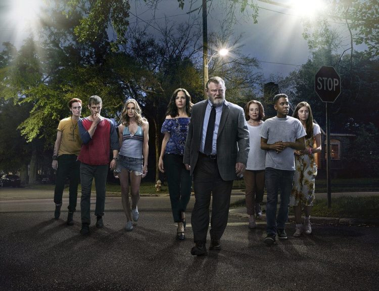 From left, Breeda Wool, Harry Treadaway, Kelly Lynch, Mary-Louise Parker, Brendan Gleeson, Holland Taylor, Jharrel Jerome and Justine Lupe appear in the series "Mr. Mercedes," based on a Stephen King trilogy. The first two seasons of “Mr. Mercedes” started on Peacock on Thursday.