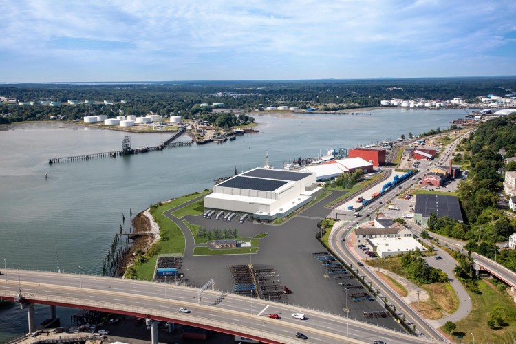An architect’s rendering shows the 120,000-square-foot cold storage facility planned next to the International Marine Terminal in Portland. The developer behind the project says it plans to break ground this fall on the facility, which is expected to grow Maine business and international trade.